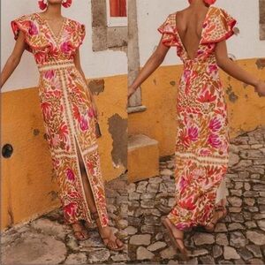 Elegant Backless Floral Maxi Dress - Red and Cream